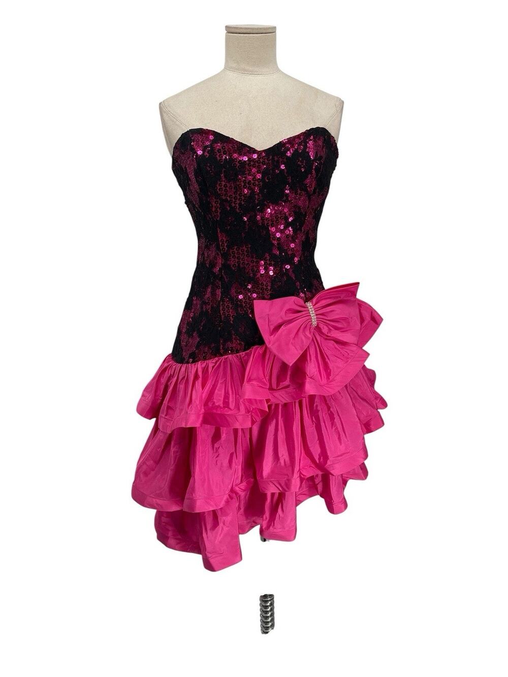 Vintage Nadine Prom Dress Pink Black Sequins Ruffles Lace Size 5/6